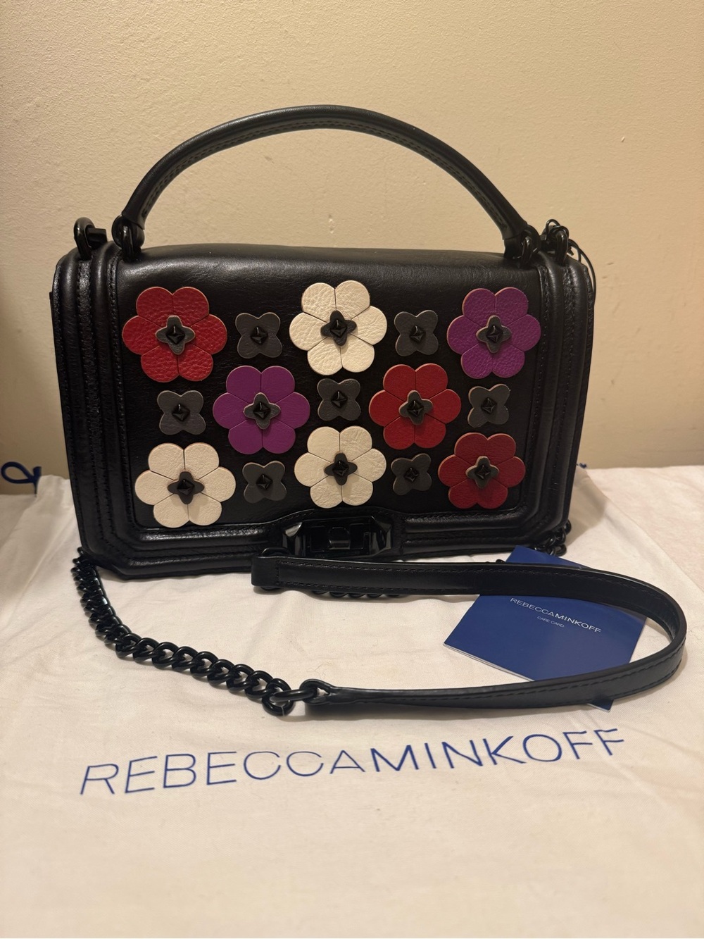 NWT Rebecca Minkoff Floral Applique Love Top Handle Crossbody Bag Black Leather